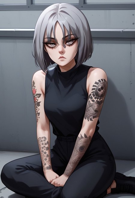 score_9, score_8_up, score_7_up, score_6_up, 1 girl, very light blue hair, almost gray hair, gray eyes, short hair, full body tattoos, t4ts, tattoos, tattoo, gangster tattoos, fit body, slim, medium breasts, sleeveless flannel, white flannel, black sports pants, on the jail, in a prison, sitting, rude face, rude, sitting thoughtful, goth girl, raven from dc, half closed eyes, black bags under her eyes,