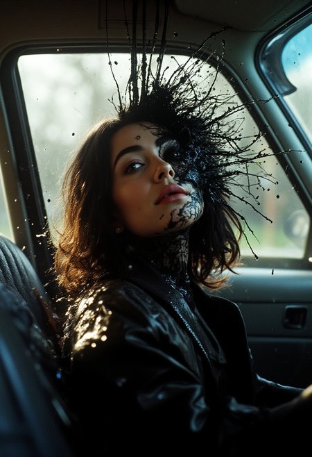 Cinematic, Beauty, Realism, Light and Shadow, Cinematography, Film Stills,
 1980s photo of a woman's face splashed onto a car window, her head disintegrates into a black fluid and breaks into fragments, motion blur, 1990s HD quality, cinematic still, kodak tri-x35mm, 50mm, sharp, wide lens