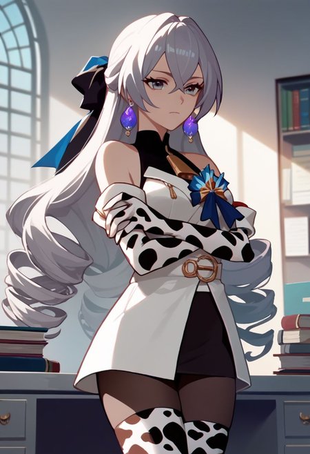 score_9, score_8_up, score_7_up, score_6_up, source_anime, zPDXL, OverallDetail, anime screencap in mnst artstyle
cowboy shot
1girl, bronya rand, long hair, drill hair, crossed bangs, earrings, (pantyhose), medium breasts, hair ornament, (cow_print_elbow_gloves:1.4, cow_print_thigh_highs:1.4), standing, arms crossed, looking down on viewer
detailed background, presidential office, desk, papers, books, windows, sunbeams