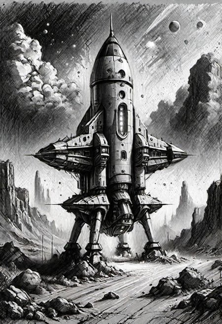 (masterpiece), 
A simple spaceship, road to mars,
Black and white tones,
HDR, highly detailed, 32k, 
looking at viewer,
