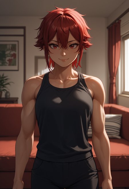 smile, indoors, living room, score_9, score_8_up,score_7_up, source_anime, 1girl, solo, <lora:aizwtm_pdxl_EliPot:1>, aizawatomo, red hair, short hair, red eyes, tomboy, toned, muscular female,