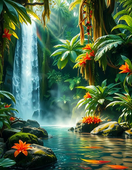 A stunning and tranquil view of a jungle waterfall cascading down smooth, moss-covered rocks into a crystal-clear pool below. The scene is surrounded by dense, lush greenery, with towering tropical trees and vibrant, oversized ferns creating a natural canopy that filters sunlight into dappled patterns on the forest floor. Brightly colored flowers in shades of red, orange, and purple add splashes of color among the greenery, while vines and roots wind their way around the rocks and trees. Mist rises from the base of the waterfall, catching the sunlight and creating a soft, ethereal glow, with a faint rainbow visible in the spray. Exotic birds with iridescent feathers can be seen perched on branches, and the faint sound of distant animal calls adds to the sense of a thriving, untouched paradise. The overall atmosphere is serene, magical, and vibrant, capturing the untamed beauty of nature.<lora:SDXLFaeTastic2400:0.4> <lora:extremely_detailed:0.4> extremely detailed, <lora:Jungle_w4t3rf4ll:1>,Jungle w4t3rf4ll, Masterpiece,best quality,hi res,8k,hi res,8k,award winning,(sharp focus, intricate, highly detailed),