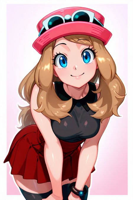 masterpiece, best quality, 1girl, solo, beautiful eyes, zzSerena, solo, long hair, blue eyes, eyewear on headwear, pink headwear, eyelashes, sleeveless shirt, black shirt, bracelet, high-waist skirt, red skirt, black thighhighs,  <lora:SerenaPokemonIXL_v2:1.0>,   <lora:TangobatIXL_v1:1.0>, , cowboy shot, leaning forward, smile, looking at viewer, shiny skin,
