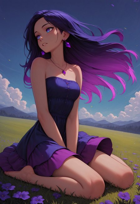 masterpiece, best quality, amazing quality, p0nyd1sney1ncasev1x0n2:1.5, 1girl, 25 years old, perfect face, 
gradient eyes, multicolored eyes, blue eyes, purple eyes,
multicolored hair, gradient hair, purple hair, blue hair, long hair,  
multicolored dress, purple dress, blue dress, layered dress, sleeveless, strapless, sundress, skirt under dress, 
necklace, purple pendant, purple earrings, 
sitting, wariza, hand between legs, barefoot,
on grass, sky, floating hair, wind, wind lift, 