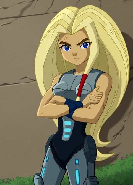 <lora:TorunnPony2.0:0.9> torunn, 1girl, long hair, blonde hair, solo, blue eyes, bodysuit,wristband,  breastplate,boots,hair tubes, looking at viewer, outdoors, crossed arms,