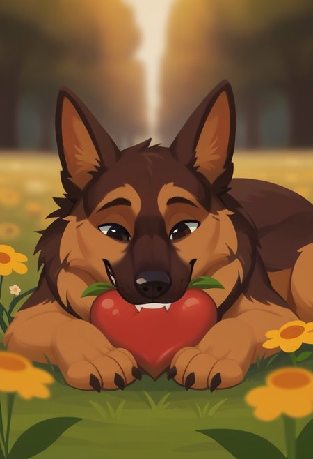 score_9, score_8_up, score_7_up, bokeh, flat colors, lineless, vector art, vector graphics, z0nkp4nch, cute, feral, male, canine, german shepherd, happy, fluffy, pounce position, butt up, laying on stomach, head lowered, flower field, holding heart in mouth, teeth,