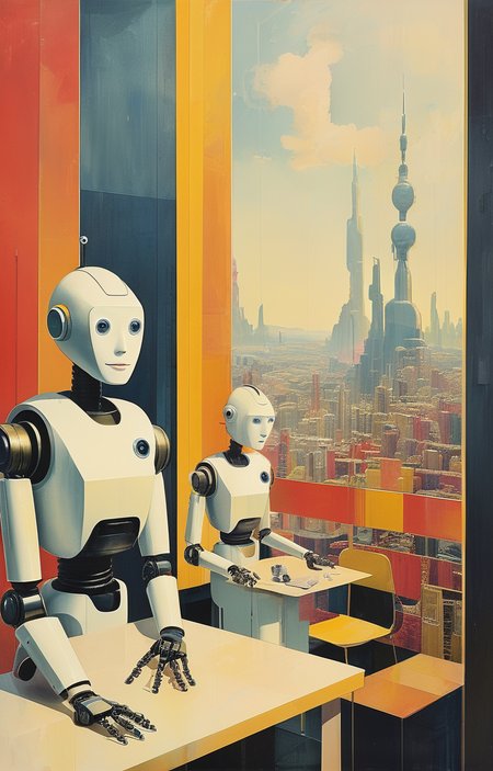 masterpiece,best quality,<lora:tbh222-sdxl:0.9>,illustration,style of Ronnie Landfield portrait of Housework robots