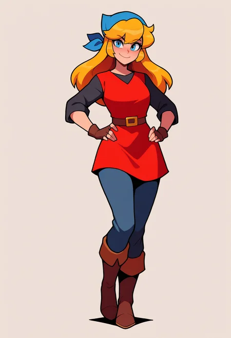 masterpiece, best quality, very aesthetic, absurdres,
1girl, cadence, blue eyes, blonde hair, long hair,
blue bandana, red tunic, fingerless gloves, brown boots, belt,  blue pants,
standing, hands on hips,
smile, looking at viewer, solo, simple background, white background <lora:CadenceIllustriousXL_byKonan:1>