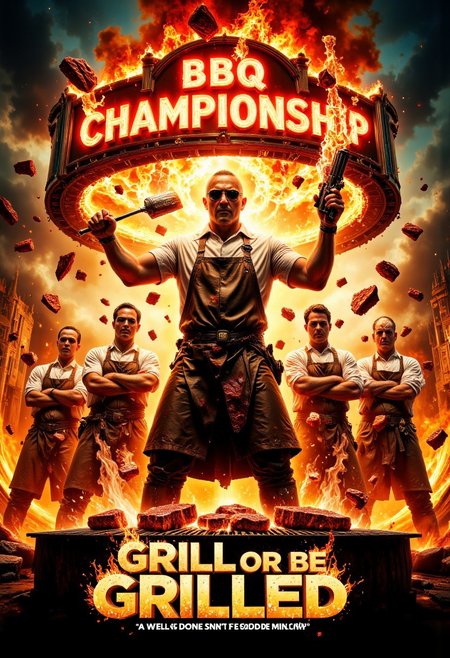 Movie poster: "Grill or Be Grilled: A High-Stakes BBQ Heist!"  
A group of rogue chefs, clad in sunglasses and aprons, stand dramatically in front of a massive flaming grill, flipping steaks and wielding oversized tongs like weapons. In the foreground, a tough-looking grill master with a five o’clock shadow and a ketchup-stained shirt clenches a spatula like a smoking gun. A rival chef, arms crossed, smirks under a neon "BBQ Championship" sign. Explosions of sauce splatter behind them, with sizzling meats flying through the air.  
The tagline: "Well done isn’t good enough." The title "Grill or Be Grilled" is in bold, fiery letters, with smoke curling around it like a steakhouse marquee. A high-energy action-comedy vibe with a deliciously absurd twist.
  Fantastic lighting. Detailed shadows, intricate details, ((vivid colors,)) hyper-detailed, ultra-sharp in the style of Jed-clrfl R3alisticF  midjourneyv6.1