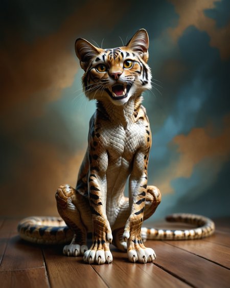 score_9, score_8_up, score_7_up, intricate details, rating_safe,
<lora:SnakeSkinStyle:0.7>,
1boy(solo, 
sabretooth cat with Jed-snkskn, snakeskin, 
full body, looking at the viewer, solo, happy), detailed background, depth of field, subsurface scattering, 
<lora:ral-chrosc-clr:0.5>, ral-chrosc-clr,
<lora:xl_more_art-full_v1:0.3>,
<lora:add-detail-xl:0.3>