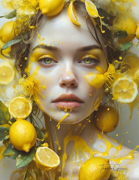 glamorous photo Art by florist Mandy Disher, digital illustration, portrait of a beautiful lady, perfect anatomy, centered, yellow lemon theme, multiple shades of yellow, burst of lemon zest and juice, close to perfection, dynamic, very detailed, watercolor, ArtStation, concept art, blur, sharp focus, illustration, Carne Griffiths, Wadim Kashin. . high fashion, luxurious, extravagant, stylish, sensual, opulent, elegance, stunning beauty, professional, high contrast, detailed  <lora:MJ52.safetensors:0.60>  <lora:\Model\Anna_024.safetensors:0.50>