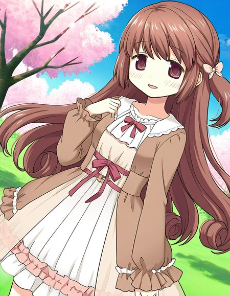 masterpiece, best quality, newest, absurdres, highres, safe, 1girl, satomi touka \(hospital costume\), magia record: mahou shoujo madoka magica gaiden, solo, grass field, cherry tree, dutch angle, <lora:satomi_touka_noobaiXLNAIXL_vPred10Version:0.7>