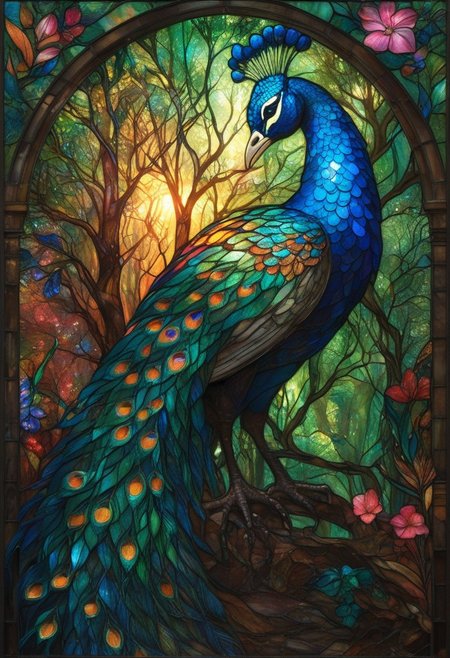 Stained Glass, peacock, tropical rainforest with magical creatures, whimsical elements, vivid colors, ultra sharp, soft textures, exquisite detail, flawless composition, vivid colors, masterpiece, highest quality, extremely detailed CG unity 8k wallpaper <lora:ArsMJStylePony_-_Stained_Glass:0.8> ArsMJStyle, Stained Glass