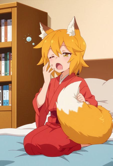 anime screencap, masterpiece, best quality,
<lora:SewayakiKitsune_Senko_IlluXL:0.9>,
1girl, solo, sleepy, squeans, yawning,
orange hair, short hair, yellow eyes, fox ears, fox tail,
red kimono, red sash,
holding own tail,
seiza, on bed,
indoors, living room, bookshelf