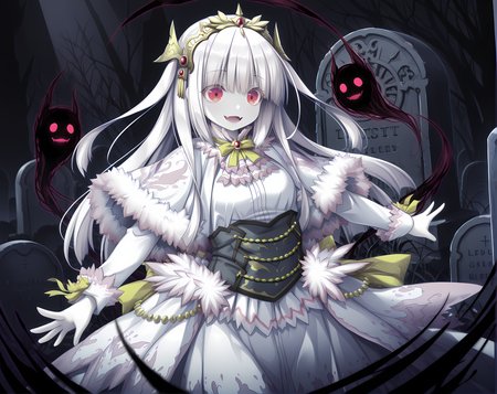 <lora:Lilica>,lilica,solo,small breasts,white hair,long hair,base outfit,bangs,red eyes,two side up,tiara,(dark shadows:0.7),(high contrast:0.7),volumetric lighting,intricate details,depth of field,limited palette,glowing,psychedelic,black theme,ghost,graveyard,horror \(theme\),possessed,dark aura,shadow,open mouth,smile,fangs,, masterpiece,best quality,amazing quality, very aesthetic, absurdres,detailed eyes,ultra-detailed,