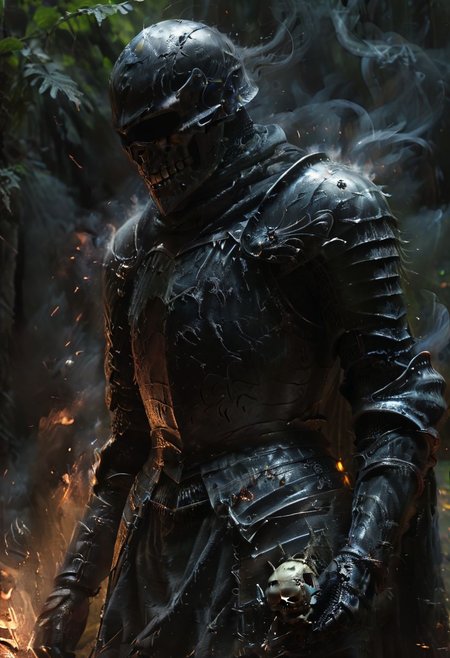 a wandering Darkwraith Knight from Dark Souls, black desolated armor, skull helmet, holding in hand desolated corrupted blade, walking at forest at night, low light, black torn apart hood on head