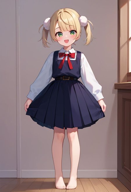 score_9, score_8_up, score_7_up, score_6_up, score_5_up, score_4_up, source_anime, masterpiece, 
fair skin, cute, young, petite, thin waist, beautiful legs, barefoot, blushing,
look at viewer, from front, straight-on, full body view, 
shigureui-requiem,shigure ui \(vtuber\),green eyes, blonde hair,short hair,twintails,pom pom hair ornament,pinafore dress,
standing,