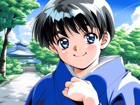 score_9, score_8_up, score_7_up, source_anime, rating_explicit, BREAK <lora:Shinohara_Izumi_XL:1>Shinohara_Izumi, black hair, blue eyes, short hair, bangs, small breasts, 
solo, japanese clothes, blue eyes, outdoors, day, kimono, 
smile, looking at viewer, tree, short hair, sky, 1girl, male focus, 1990s (style), long sleeves, blue kimono,  black hair