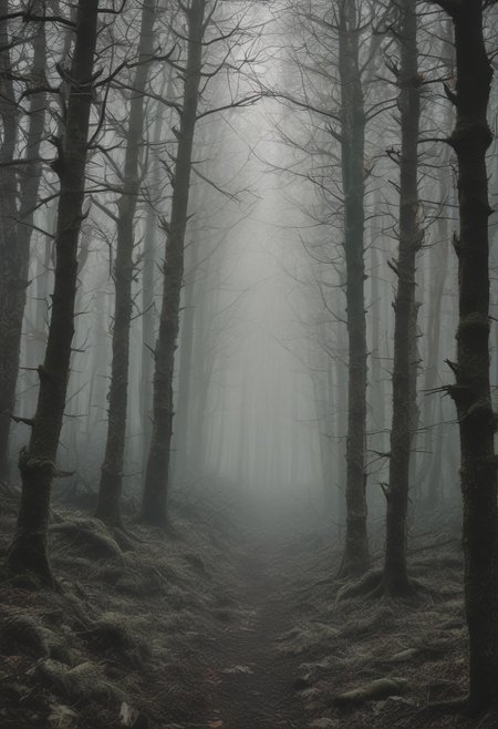 Dark forest, cursed trees, thick forest, defiled fog, black fungi, spores, poisonous forest, dark green fog