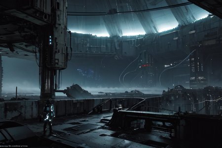 highly insanely detailed, masterpiece, top quality, best quality, highres, 4k, 8k, RAW photo, (very aesthetic, beautiful and aesthetic),  
tsutomu nihei,nihei_tsutomu,blame!,blame gakuen!,abara,TNstyle,sidonia_no_kishi,(city ruins),buildings,letterboxed,bridge,concrete walls,metal walls,cables,tubes,industrial pipes,clouds,smoke,steam,foggy,walkway,wire,air conditioner,light particles,star \(sky\),starry sky,gauna,gauna mech,dome,biomachine,bioluminescence,vast scenery,perspective,dystopia,destroyed,blm,dark background,cyberpunk,open space,science fiction,flock,no human, 
<lora:blameLora_v10:0.7>, 
(1girl:1.3), 
solo focus, 
A mystical swamp with dark waters and thick vegetation,âââ