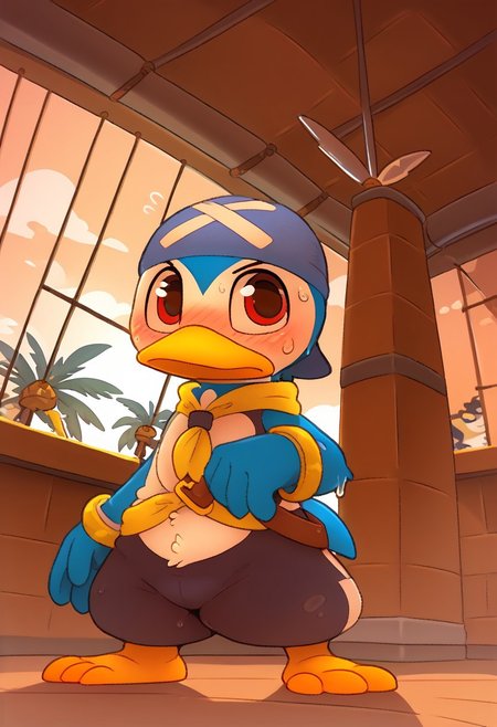 score_9, score_8_up, score_7_up, full body, cartoon, toony, antropomorphic penguin ,penguin, dungeon,  barefoot, wet, sweat, blush, , solo,, penguin,   blu fur,by Backsash,three toes, blu skin ,detailed background,blu hands,  ship,palm trees ,sea