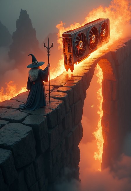 An enormous video card labelled "RTX 2060" engulfed in flames, on a narrow rock bridge, Gandalf blocking its path raising his staff, Gandalf's hat is labelled "FLUX", Gandalf speech bubble says "YOU SHALL NOT PASS!", 
masterpiece, 4k, highly detailed, graphic,