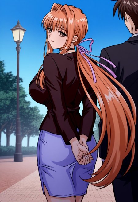 masterpiece, best quality, newest, highres, uncensored, 1girl, yokota mamoru style,1girl,
Takeuchi_Himeka OVA2, 1girl, very long hair,Waist Length hair, huge breasts, orange hair, low ponytail, Amber eyes,brown eyes, slim face,Slim,slender face,hair ribbon, choker
 night, from behind, arms behind back, outdoors, lamppost, very long hair, skirt, black jacket, jacket, suit, long sleeves, formal, pencil skirt, sky, tree, skirt suit,blue jeans