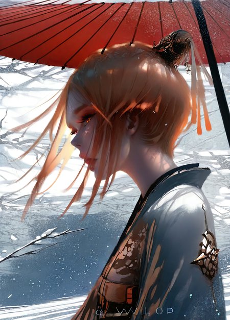 <lora:wlop_illustration:1> wlop_illustration, snow particles, 1girl, blizzard, outdoors, japanese paper umbrella, tree branches, dynamic angle, from side, close-up, snow falling, masterpiece, best quality, good quality, very aesthetic, absurdres, newest, (Perfect details), <lora:USNR STYLE_XL_loha:0.3> <lora:spo_sdxl_10ep_4k-data_lora_webui:0.3> <lora:ponyv5_noobV065S_1_adamW:0.3> <lora:GBF_Illustrious:0.3> <lora:748cmSDXL:0.4>, 1girl, orange eyes, Ash blonde hair