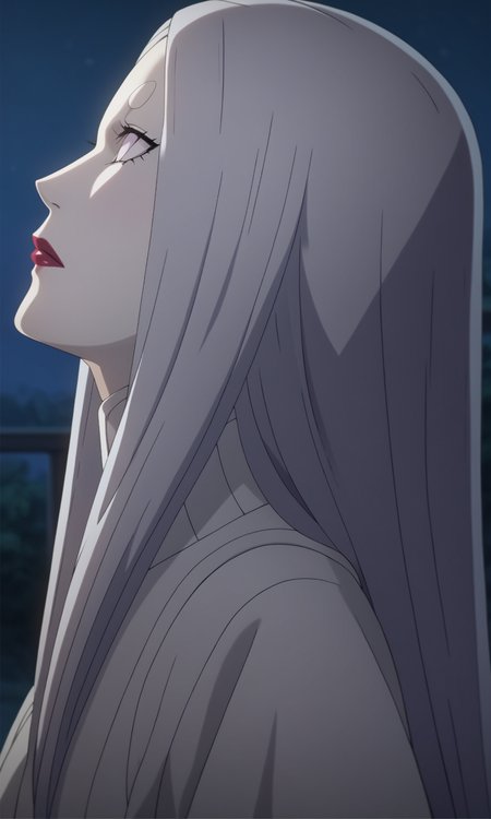 score_9, score_8_up, score_7_up,
game cg,
from side,
kaguyaa, 1girl, solo, no pupils, looking up, lipstick, 
long hair,  white skin, pale skin,
collar, white kimono, long sleeves,
closed mouth, 
night,
<lora:Naruto_KaguyaOOtsutsuki_PXL-000017:1>