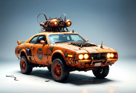 <lora:evidecrepPunk:1> evi@decrepPunk     Robotic orange car made of rusted old metal and gears and leaking decaying batteries in a post-apocalyptic weathered decaying world, muscle car, mustang, dolorean, 1969 dodge charger  illuminated by neon lights and a glowing atmosphere, humoristic dystopian setting, highly detailed, sharp focus, photograph, 8k resolution, cinematic lighting, taxi flying above city, night, dark exhaust smoke, black oil dripping