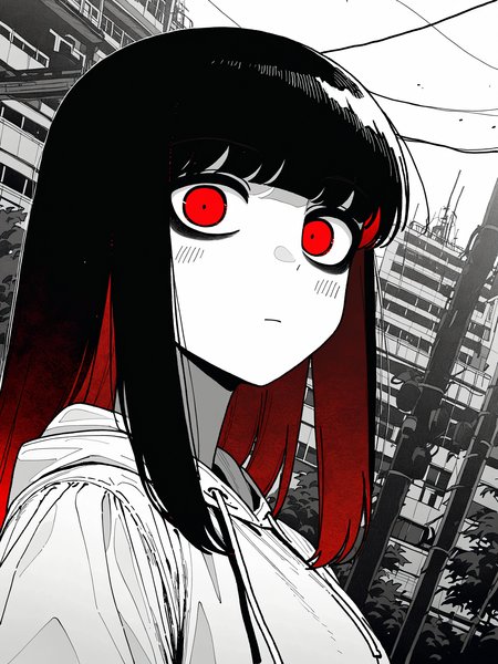 best quality, masterpiece, newest, perfect composition, very awa, jaggy lines,  limited palette, spot color, limited palette, traditional media, dutch angle,  foreshortening, face focus, black hair, white hoodie, nakta,
1girl, upper body, solo,  multicolored hair, straight hair, red eyes,  <lora:vivid:0.6>
outdoors,