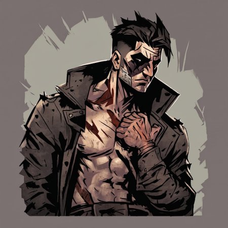 high-definition 8k comicish artwork in dgst artstyle of a shirtless male bandit flexing, covered in scars, short black hair