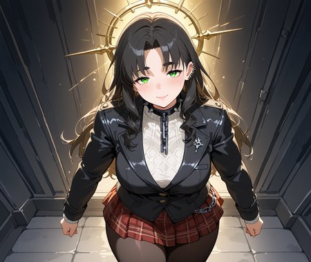 PonyScores7, source_anime, ah1, IllustriousQual, <lora:natsumi_style:0.5>, <lora:by_usakun-pony:0.4> by usakun, <lora:Akina_Bbw_Style_-_PonyXL:0.2> AkinBw
BREAK 1girl, mature female, (round face:1.2), (thick eyebrows:1.3), (curvy), round-chin, caucasian, (plump face), <lora:Round_face:0.2>, <lora:ETO_OCPonyXL:0.5> eto_oc, skindentation, (plump), thick thighs, wide hips, busty, voluptuous, lips, <lora:venus body PonyXL:0.4>, <lora:shinyskin2:0.2> glistening skin
BREAK  (curly hair), long hair, (black hair:1.4), (parted hair:1.7), messy hair, kinky curls, <lora:hairdetailpxl:0.2> hairdetailpxl
BREAK (brown and green eyes), (brown_flecked_irises), (green_flecked_irises), (colorful eyes), (multicolored eyes), (downturned eyes:1.4), <lora:expressive eyes:0.5> expressive eyes, <lora:eyedetailpxl:0.2> eyedetailpxl, <lora:Eyes_High_Definition:0.3> EyesHD
BREAK fingersmile,  <lora:Expressive_H:0.2> Expressiveh, <lora:Emotional_Anime_Expressions_PonyXL_Concept:0.2> emotional, <lora:Best_Facial_Expression_LoRA_PONY:0.2>, <lora:expresionesv3Rank128:0.2> expresiones, <lora:Detailed expressive EXEV style -XL Pony V1.0:0.2> FaceDetail 
BREAK ((A shimmering, golden aura enveloped the man, radiating warmth, as she healed a fractured arm in seconds, the bone knitting itself back together with a soft, white light))
BREAK snow Punk Rock, Black leather jacket with red and silver studs, torn white band tee, ripped red tartan mini skirt, black fishnet tights, black combat boots with chain details, spiked choker, bold black eyeliner, electric blue mohawk, and piercings
BREAK (((An extraterrestrial library contains forbidden knowledge, tempting seekers with unimaginable power)))
BREAK <lora:xl_more_art-full_v1:0.2>, <lora:aesthetic_anime_v1s:0.2>, <lora:EpicF4nta5yXL:0.2>, <lora:detailxl:0.2> detailxl, <lora:Fant5yP0ny:0.2>, best quality, amazing quality, best aesthetic, absurdres, illustration, Volumetric_Lighting, ultra-detailed, very aesthetic, intricate details, 8k, masterpiece, best_quality
BREAK (zoom_out:1.8), (Tilt Shot)
BREAK Stable_Yogis_PDXL_Positives, AS-Adult, <lora:Complicated fantasy portrait - XL Pony V2.0:0.3>, bad-hands-5, <lora:HDA_Detailer:0.5>, HDA_FatGirlXL,