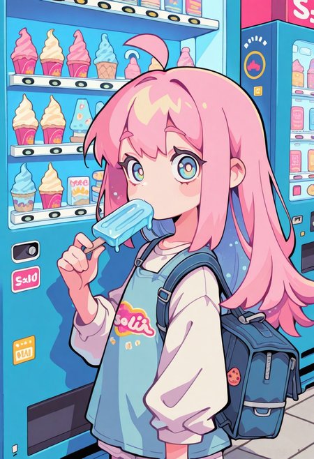 1 girl , solo , holding ice cream , ahoge , looking at viewer , vending machine , 
masterpiece, best quality ,amazing quality ,S4bit4mago_illu , Protoneon  ,s0wasow4rt_illu,