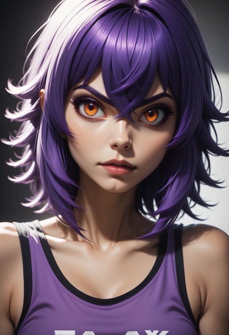 score_9, score_8_up, score_7_up,
1girl, solo, tank top, rating_safe,
 <lora:Dark_Amethyst_Pony_v0.1:0.5> d4rk4m3thyst, orange eyes, purple crossed bangs,