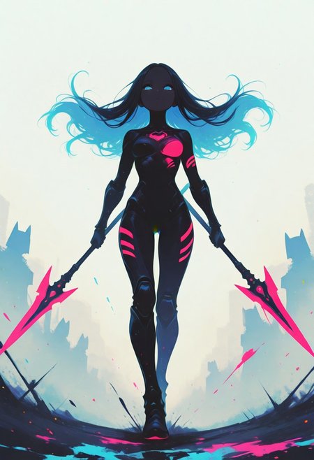 (score_9, score_8_up, score_7_up), masterpiece,best quality,amazing quality,(reij-incs, silhouette character, black ink, neon colors, colors splash effect, flowing hair), (silhouette character:1.5)
BREAK, long straight hair, blue eyes, detailed eyes, (petite body:0.7), (thin waist:0.9), perfectly round breast, medium breasts, Expressiveh, 
BREAK, fantasy armor, spear, 
BREAK, dynamic action pose, head tilted back,
BREAK, 1 girl, solo, face focus, detailed background, dark ground,  dramatic angle, full body shot