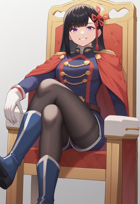 score_9,score_8_up,score_7_up,<,<lora:yamashirorenn_pony:1>,,1girl, pantyhose, black hair, solo, gloves, purple eyes, crossed legs, sitting, hair ornament, looking at viewer, black pantyhose, long hair, cape, throne, boots, white gloves, smile, epaulettes, uniform, military, chair, shorts, bangs, flower, military uniform, hair ribbon, blue footwear,grey background,