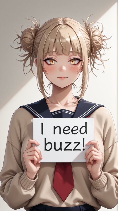 (masterpiece, best quality, ultra detailed, absurdres, vibrant colors, surrealism, stunning intricate lighting), 
 <lora:NeedBuzz_sign_Illustrious:0.8> need_buzz, holding sign <lora:Himiko_Toga_IL:0.8> Jedhmkto, school uniform,  messy buns,  long sleeves, red necktie, beige sweater, yellow eyes