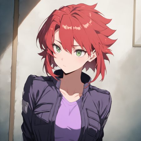 solo,upper_body,masterpiece,high score,great score,absurdres,jacket,purple shirt,<lora:Chiaia_Flan ag4o v1:1> chiaiaflan, short hair, red hair, green eyes,