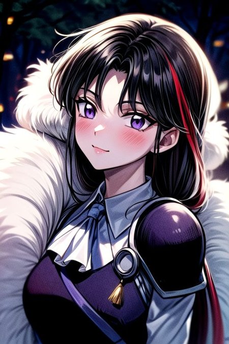 masterpiece,  best quality 1girl Setsun4 solo long hair,  (night time) forest background black hair very long hair purple eyes multicolored hair armor (fur trim) (medium body),<lora:EMS-179-EMS:0.800000>,<lora:EMS-293862-EMS:0.800000> bow, hair_bow, hair_tubes, red_bow, brown_hair, long_hair, bangs, ascot, frilled_bow, yellow_ascot, blush, smile, hair_between_eyes, athletic, armor, miko