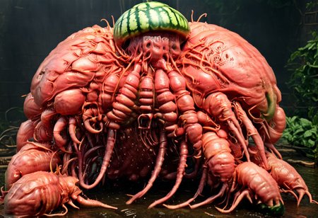 A cinematic photograph of a watermelon made of poly acrylic in the shape of a horny, five headed, morbidly obese woman, having sex with a yellow crayfish, in the style of Raphael,  Movie Still, Film Still, Cinematic, Cinematic Shot, Cinematic Lighting, JuggernautNegative, biopunkai, Disgusting, Globby, Goo, Yucky, Icky