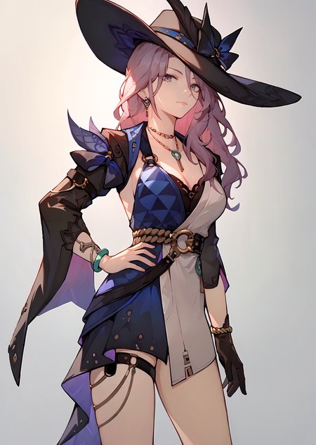 (score_9, score_8_up, score_7_up), 1girl, jade, black brim hat, necklace, bangle, single glove, thigh strap, cowboy shot, gradient background, closed mouth, hand on own hip, <lora:jade-strPO-v1a-000008:0.9>