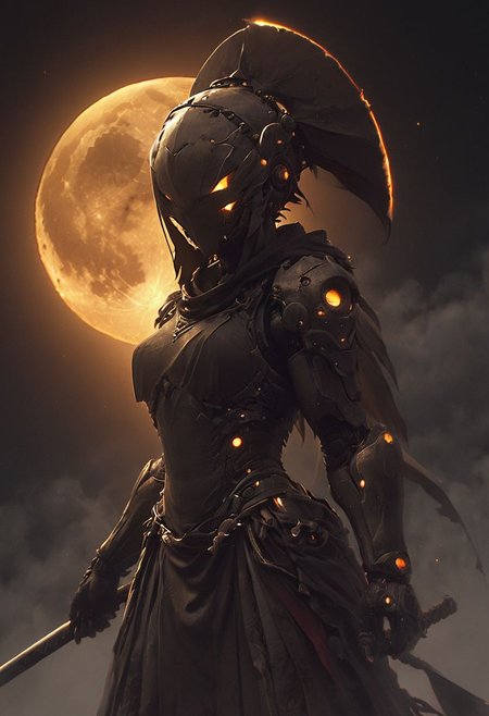 By KentarM Miura, Ethereal colorful sss - surreal scene of the night, with a nearly clear sky adorned with twinklings, colossal cosmic linen veil draping over the moon, resembling a sss sheet gently covering it, resembling a busty Cyborg Samurai with large sedge hat and with the moon AS their head, allowing glimpses of the moon's radiant glow to peek through in patches Like eyes, illuminated from within, swinging the katana Like a skilled Martial arts dancer, Curved Sword Slash, Moon in Background is a beast, 
masterpiece, intricate details, maximum resolution, hyper detailed, 
cinematic composition, soft shadows, atmospheric haze, Film grain, cinematic film still, shallow depth of field, highly detailed, high budget, cinemascope, moody, epic, OverallDetail, 2000s vintage RAW photo, photorealistic, candid camera, color graded cinematic, atmospheric lighting, imperfections, natural, shallow dof