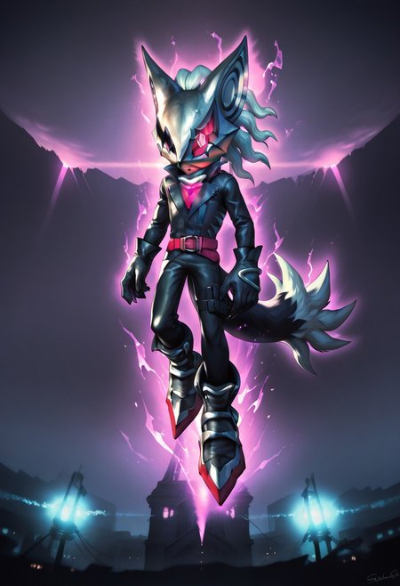 zPDXL3,RE_Engine,score_9_up,score_8_up,score_7_up,detailed,(best quality:1.2),digital media \(artwork\), BREAK, solo,best quality, 1boy, solo male, Infinite the jackal, furry, mask, ruby in chest, white hair, purple eyes, black fur, black trench coat, black gloves, red belt, black leather pants, black boots, tail, jackal, destroyed city, night, dynamic lighting, full body, floating, purple aura, multiple floating glowing cubes, neon trim