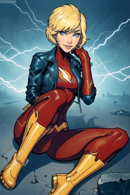 masterpiece,best quality,extreme detail,8k,image sharpness,<lora:flash-20:0.8>,flashwoman, 1girl, solo, smile, short hair, blue eyes, blonde hair, sitting, jacket, boots, open jacket, lips, bodysuit, watermark, web address, cropped jacket, electricity, animification, superhero, red bodysuit, leather jacket