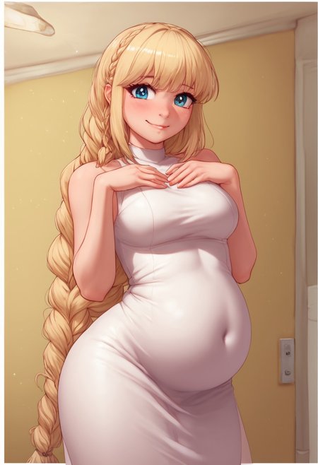 sscore_9, score_8_up, score_7_up, Expressiveh, fFaceDetail, OverallDetail, sexy pose, 
, kawaii, perfect eyes, detailed, , pale skin, perfect skin, 
Solo,
 19 year old, , platinum blonde hair, braid, shiny oily skin, pale skin, , small juicy bubble butt, big blue eyes, detailed eyes, (slim athletic), squishy thighs,
detailed, cinematic lighting, 
(maxi dress),  (very long tight dress:2), 
white dress,
extremely beautiful, elegant, majestic, cute, god rays, volumetric lighting, vivid colours, Expressiveh
( force feeding:1.1), belly,
right side scared face, feeding, 
vibrant background, 
gamer room,
perfect shadows, artificial lighting , masterpiece, best quality, 8K, detailed, colorized, saturated, vibrant colors, hue gradients, 
 <lora:Force_Feeding_Belly_PONY:0.95>, <lora:Belly_inflation_PONY:0.33> , <lora:add-detail-xl:0.66> ,  <lora:Pony_DetailV2.0:0.66>,  <lora:Expressive_H:0.66>