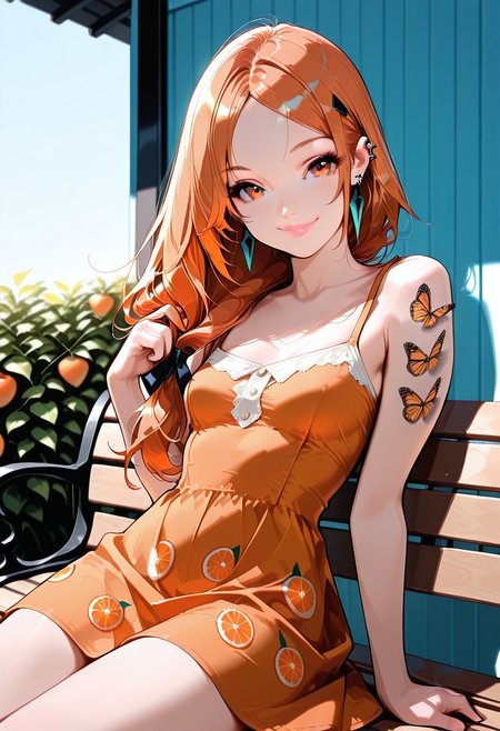 masterpiece, best quality, 32k, high resolution, absurdres, HD32k, masterpiece, Eva, EvaRH, (((orange hair))) , gradient blonde hair, low tied hair, asymmetric hair,  low tied hair, long hair, hair ribbon, parted bangs, amber eyes, slim, fit, small breasts,butterfly tattoo on arm, lipgloss, beautiful lips, pierced ears, looking at the viewer, sitting on a bench, sundress, orange sundress, fruit pattern sundress, going own hair, little smile, sunny, windy, flowing hair,