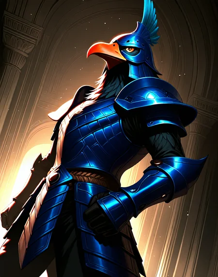 <lora:Fokka_(Zelda_2)_(Illustrious)_(AD):1> Fokka, birdmen, armor, 
dutch angle, side view, dynamic action, cowboy shot, 
male focus, intense shadows, dynamic shadows and lighting, intricate details, attention to details, gradient coloring, interior, palace, beak, helmet, blue armor, villain, intimidating pose, 
EZRealPONYXL, zPDXL, Smooth Quality, lazynsfw,