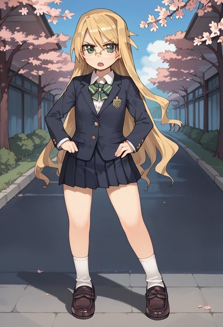 (score_9, score_8_up, score_7_up, source_anime,masterpiece,best quality,highres,absurdres),zPDXL2,skin highlights,(1girl, solo),Arima_Senka, long hair, blond hair, green eyes,glasses,flat chest,school uniform, blazer, bow, shirt, skirt, socks, loafers, looking at viewer,standing,hand on hip, pointing at viewer, serious, annoyed,open mouth,outside,school,cherry blossoms,sakura trees,sunny,