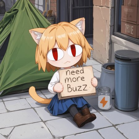 (masterpiece, absurdres, best quality,) perfection style, an image of Neco Arc, a chibi with short, messy, light tan hair. She has large, red eyes and cat ears. She wears a simple, white, long-sleeved shirt, and a blue, pleated skirt. Her legs are covered in dark gray tights, and she is wearing brown, ankle-length boots. Her tail, which is light tan and slightly curved, emerges from her skirt and extends behind her., sad, frown, homeless, facing viewer, pov, from above, sitting down on the sidewalk, holding sign with the text "need more buzz" in black marker, next to a small empty glass jar with a SuchBuzzLogo sticker on it, in front of a tent and a trash can, city, street, alley way